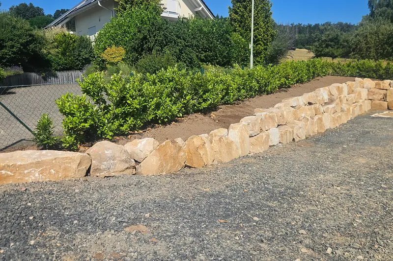 Natursteinmauer mit Hecke während der Bauzeit, davor die Schottertragschicht