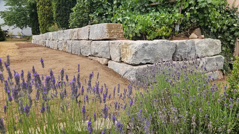 Mauer aus grauen Natursteinblöcken mit blühendem Lavendel davor