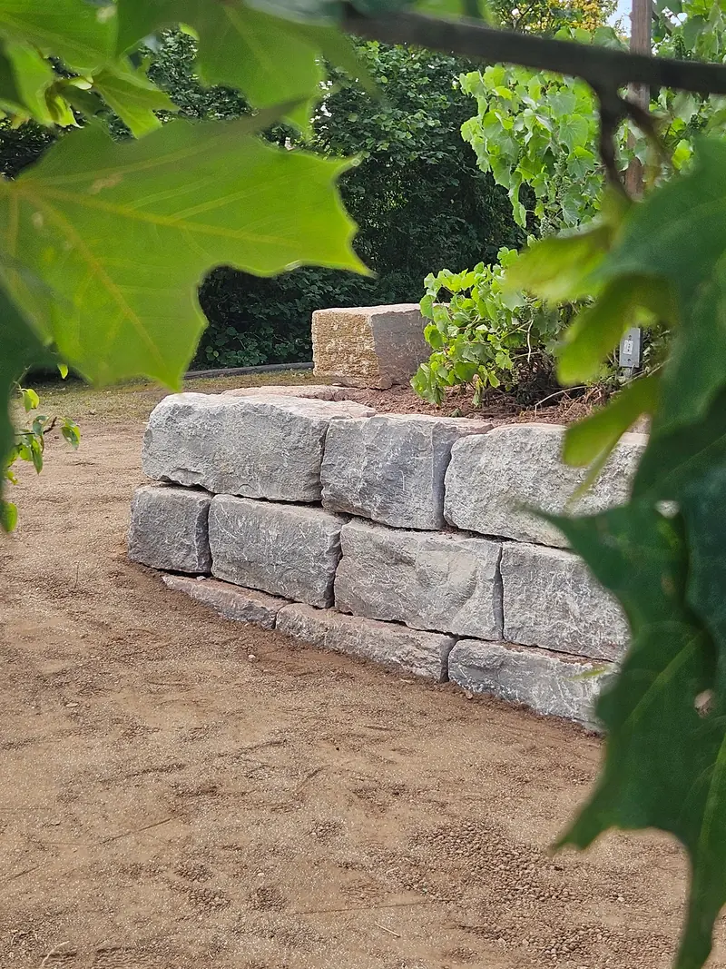 Ende der Natursteinmauer, durch Ahornblätter fotografiert