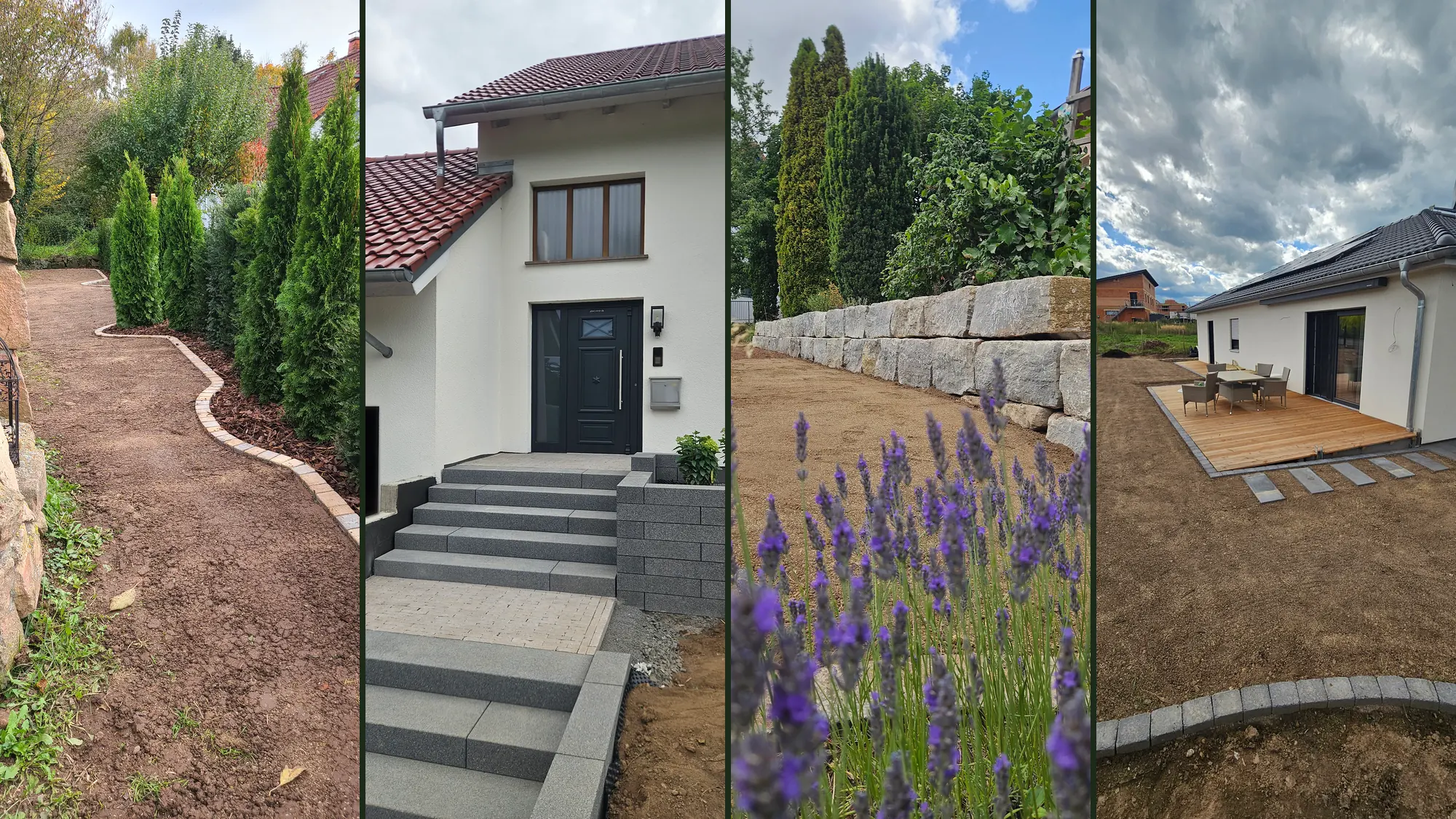 Vier Projekte: Rasenkante mit Hecke, Eingangstreppe, Natursteinmauer mit Lavendel und Holzterrasse